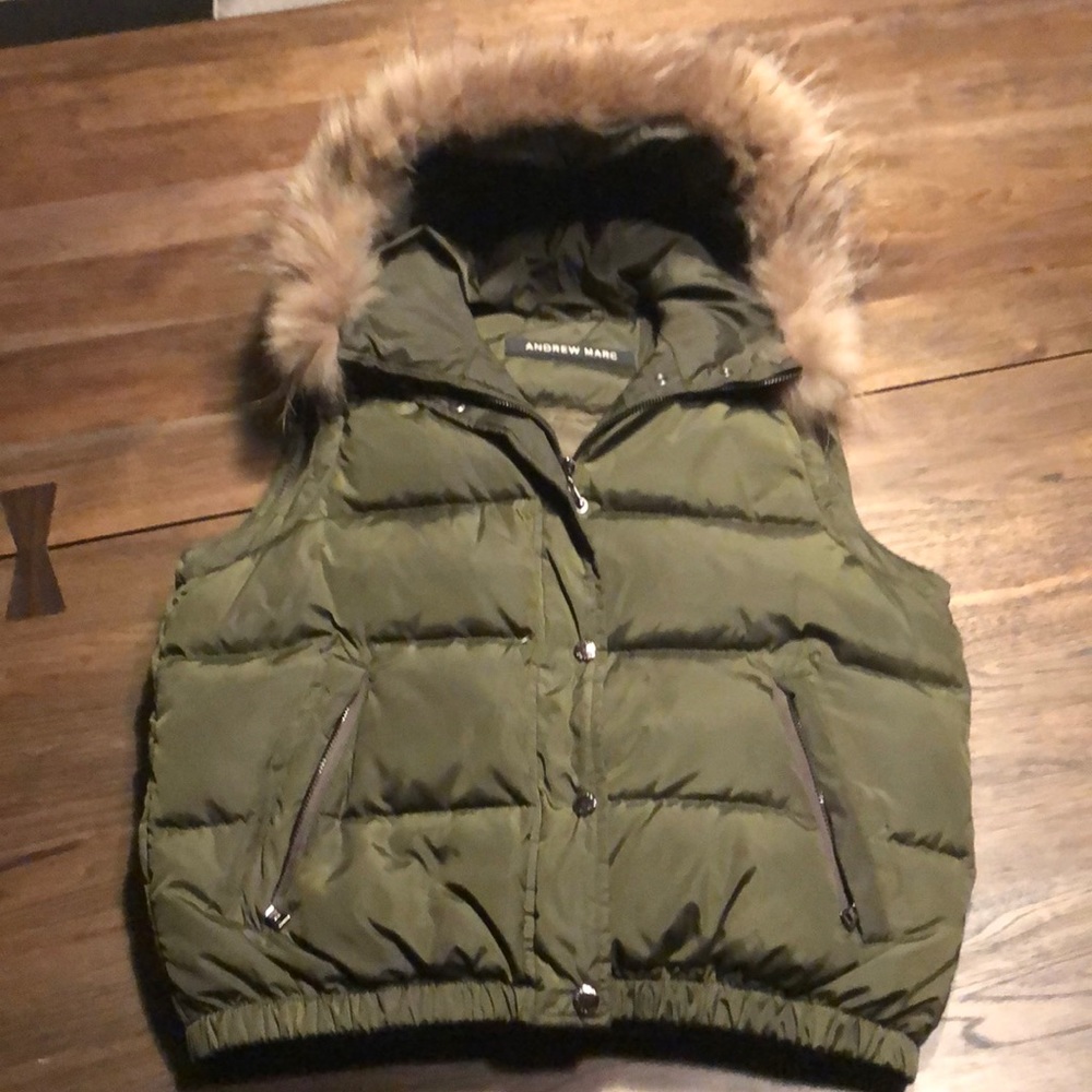 Andrew Marc hooded puffy vest with fur trim